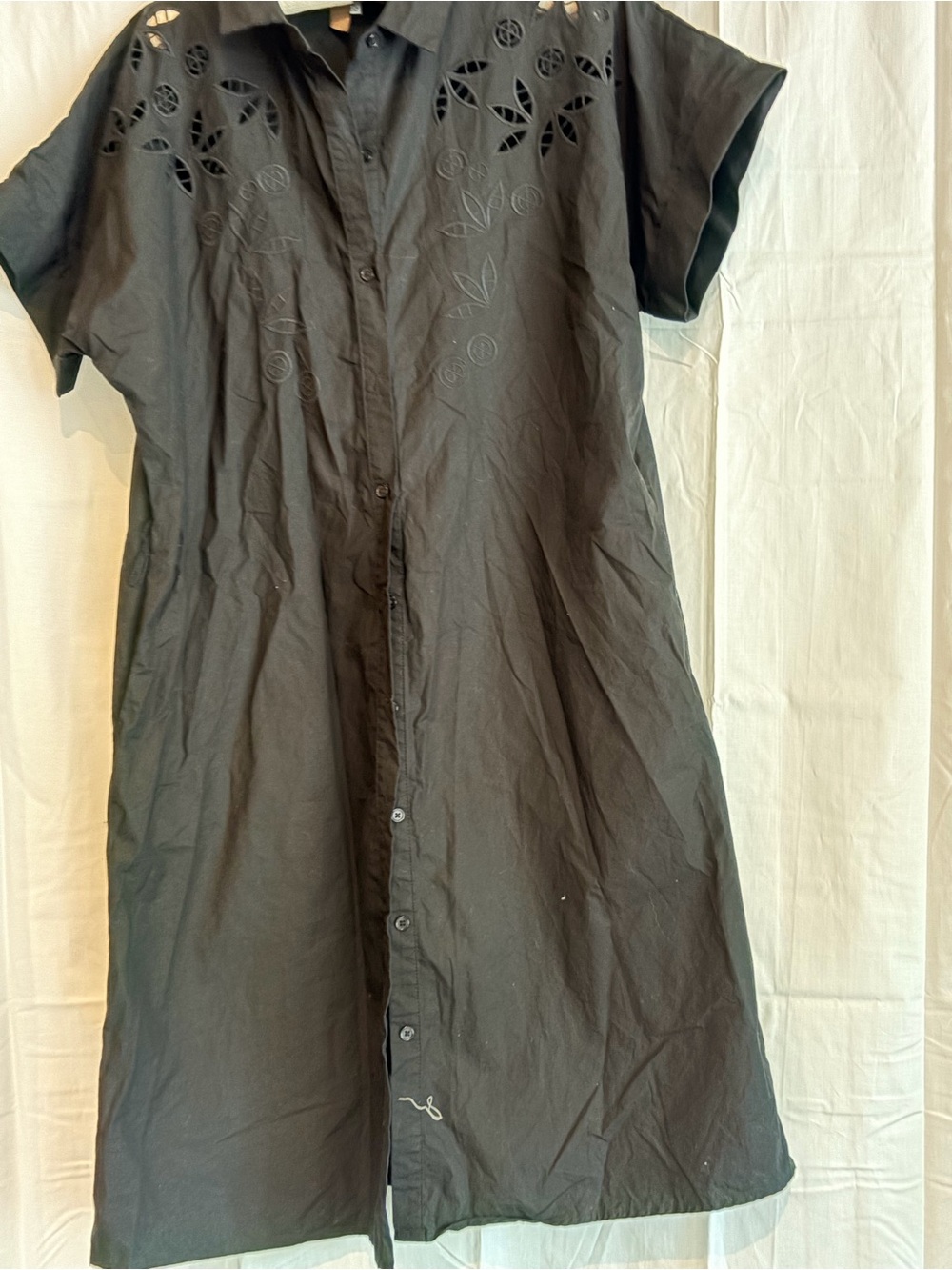 Black Eyelet Button-Front Midi Shirt Dress